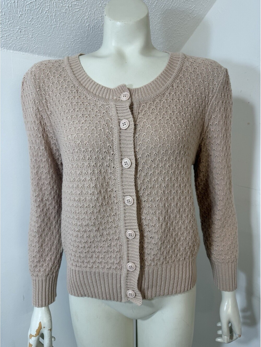 Ye Mak New Womens Large Long Sleeve Cardigan Sweater Beige Flesh Cotton Textured